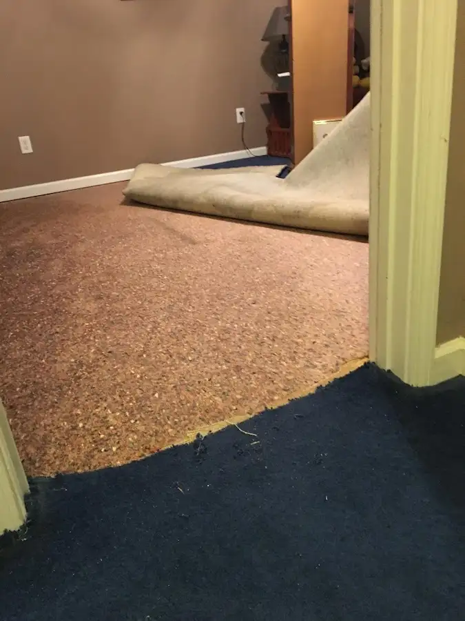 Carpet pad removal revealing water damage during Water Mitigation Services in Pleasantville